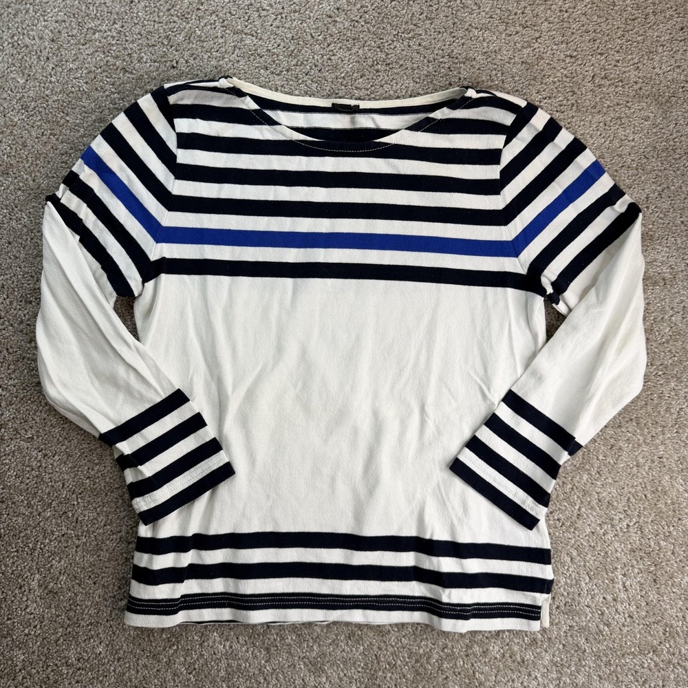 J.Crew Shirt Womens M White Navy Striped Boat Neck Long Sleeve Cotton Top Breton